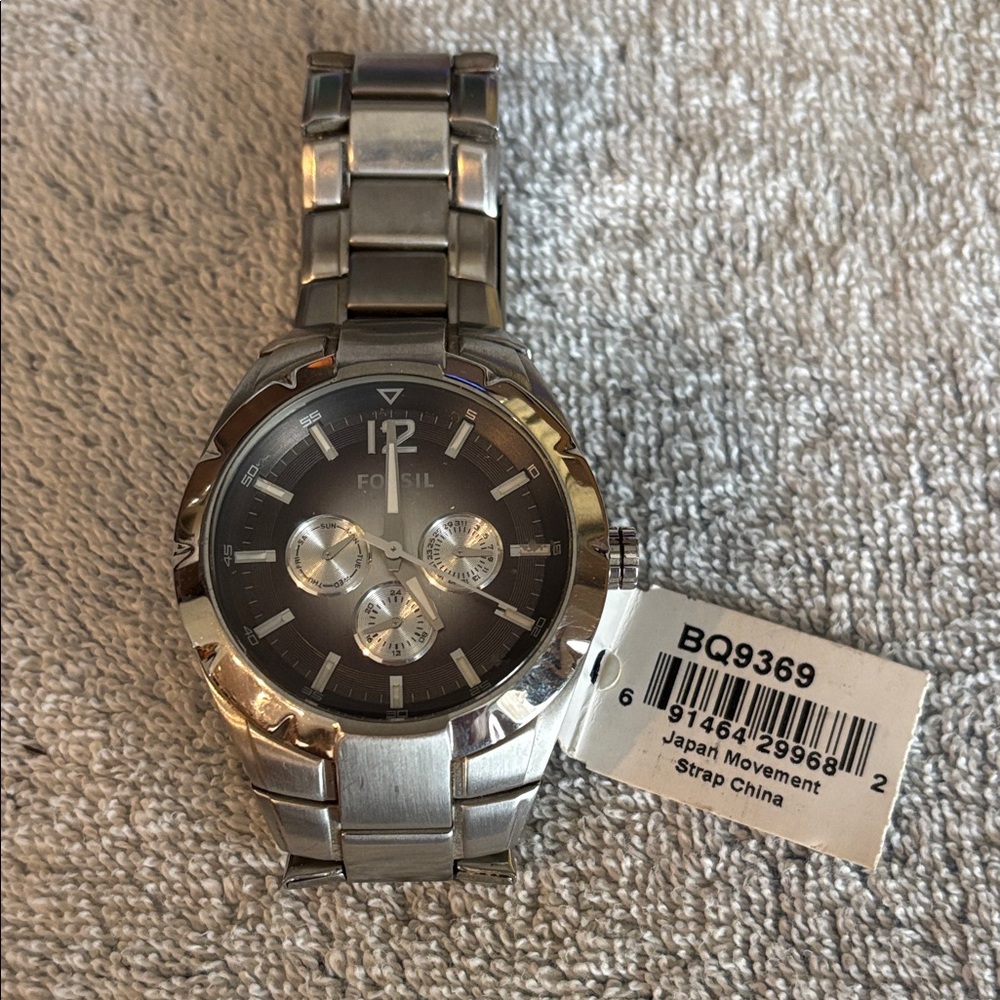 Fossil Silver Metal Bracelet Chronograph Watch with Black Dial